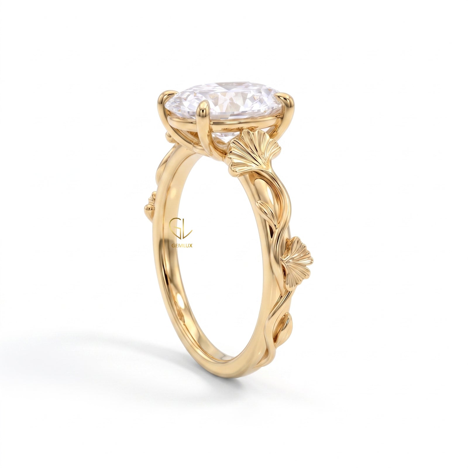 Oval Cut Lab Grown Diamond Ginkgo Leaf Engagement Ring