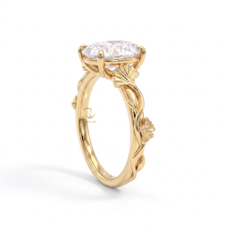 Oval Cut Lab Grown Diamond Ginkgo Leaf Engagement Ring
