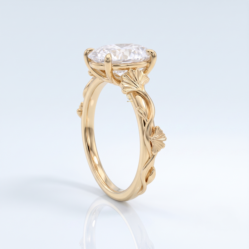 Oval Cut Lab Grown Diamond Ginkgo Leaf Engagement Ring