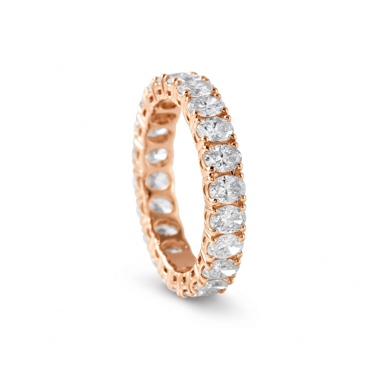 Oval cut moissanite full eternity wedding band in white gold with prong set stones