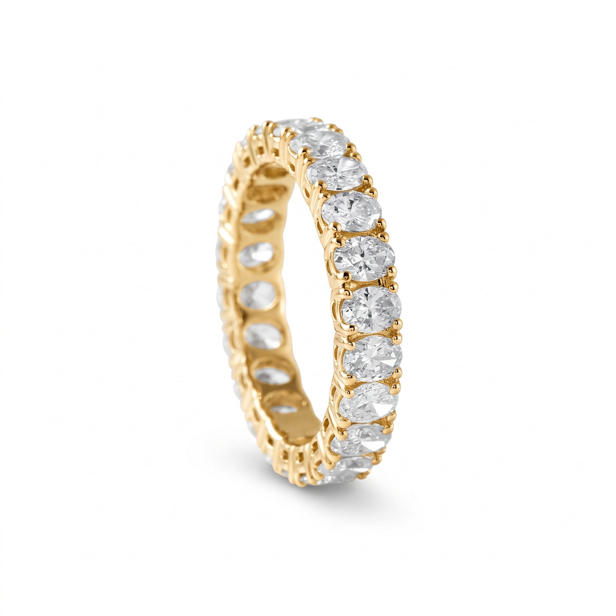 Oval cut moissanite full eternity wedding band in white gold with prong set stones