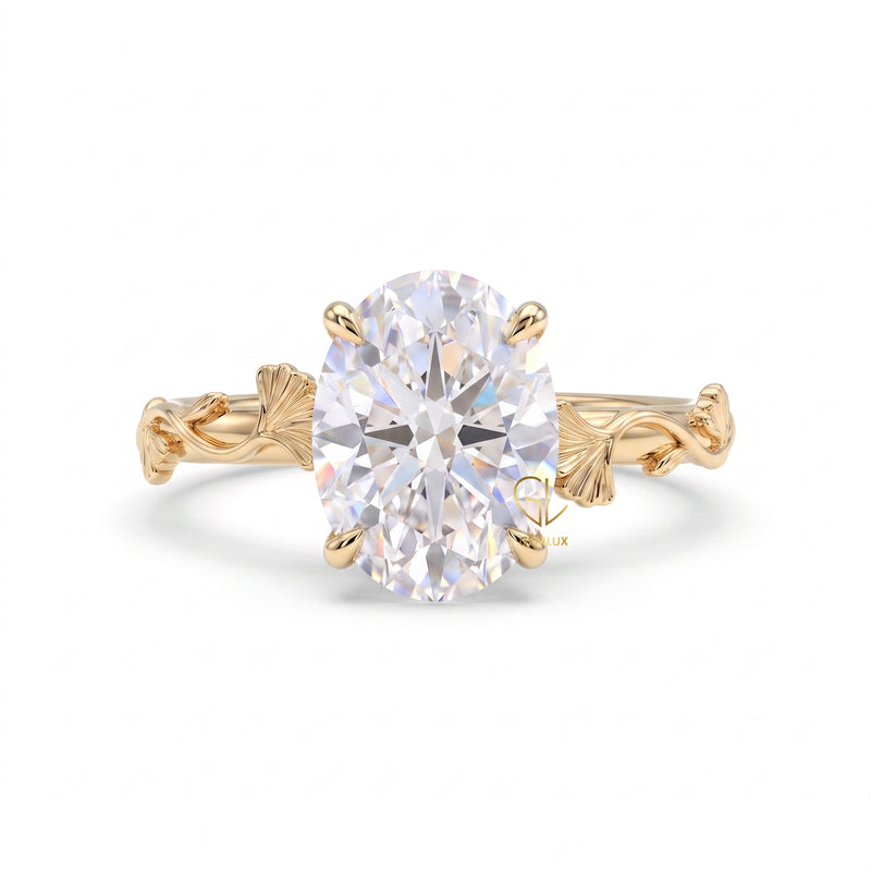 Oval Cut Lab Grown Diamond Ginkgo Leaf Engagement Ring