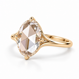 Oval rose-cut lab-grown diamond solitaire engagement ring with a four-prong compass setting and sculpted white-metal band