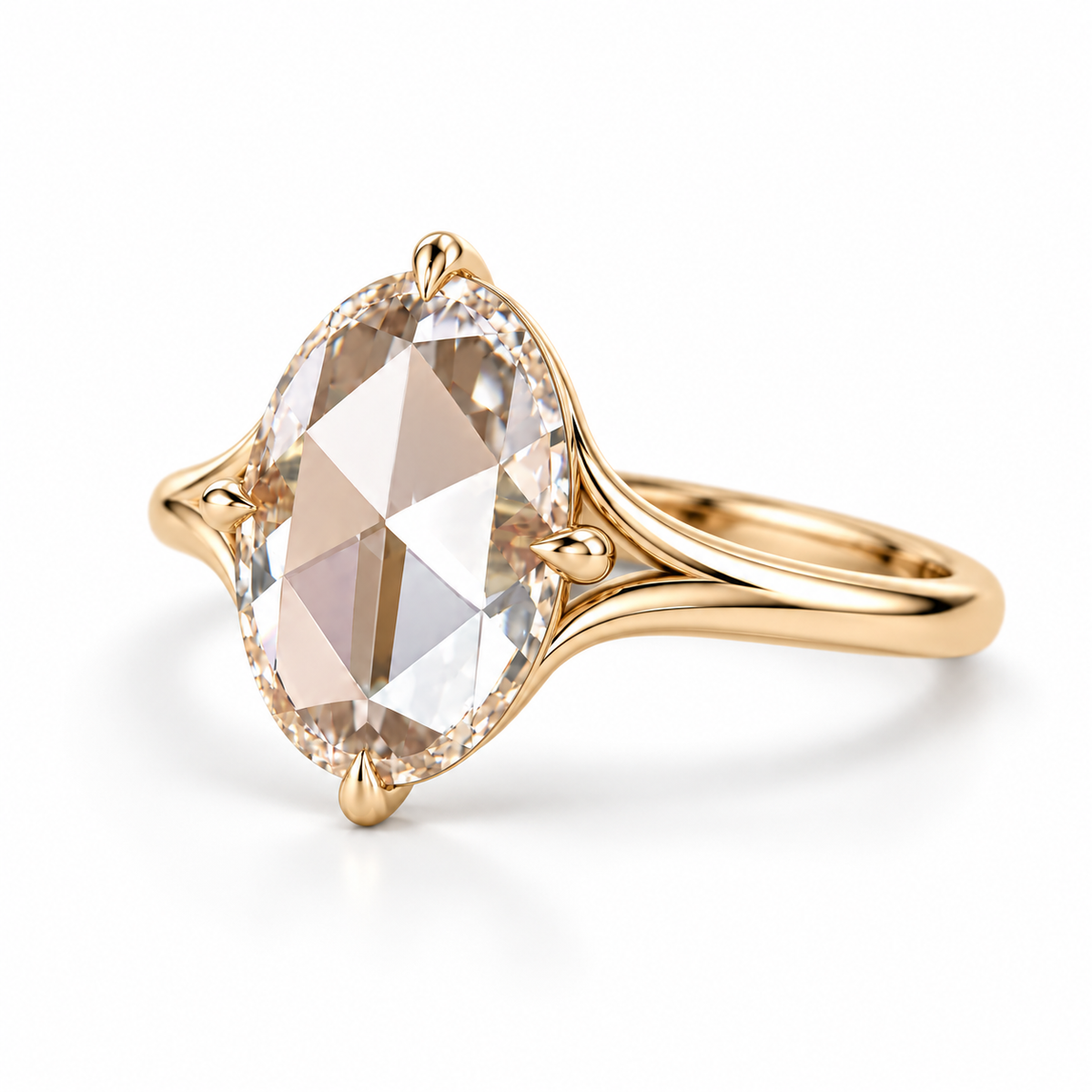 Oval rose-cut lab-grown diamond solitaire engagement ring with a four-prong compass setting and sculpted white-metal band
