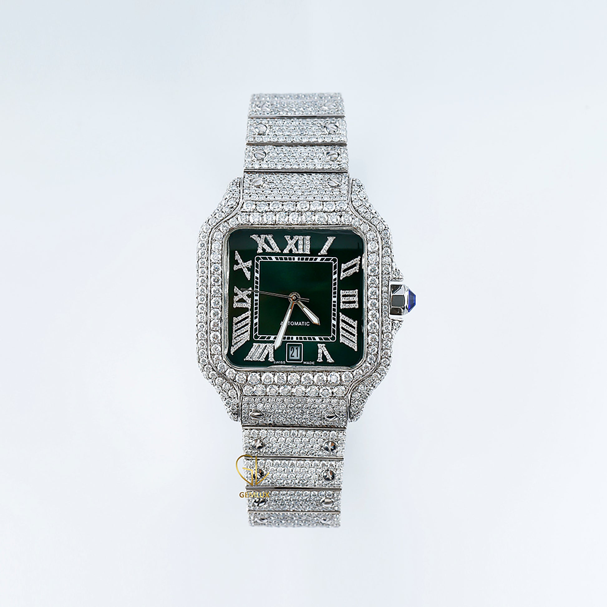 Pass Diamond Tester Green Roman Dial Iced Out Moissanite Hip Hop Watch