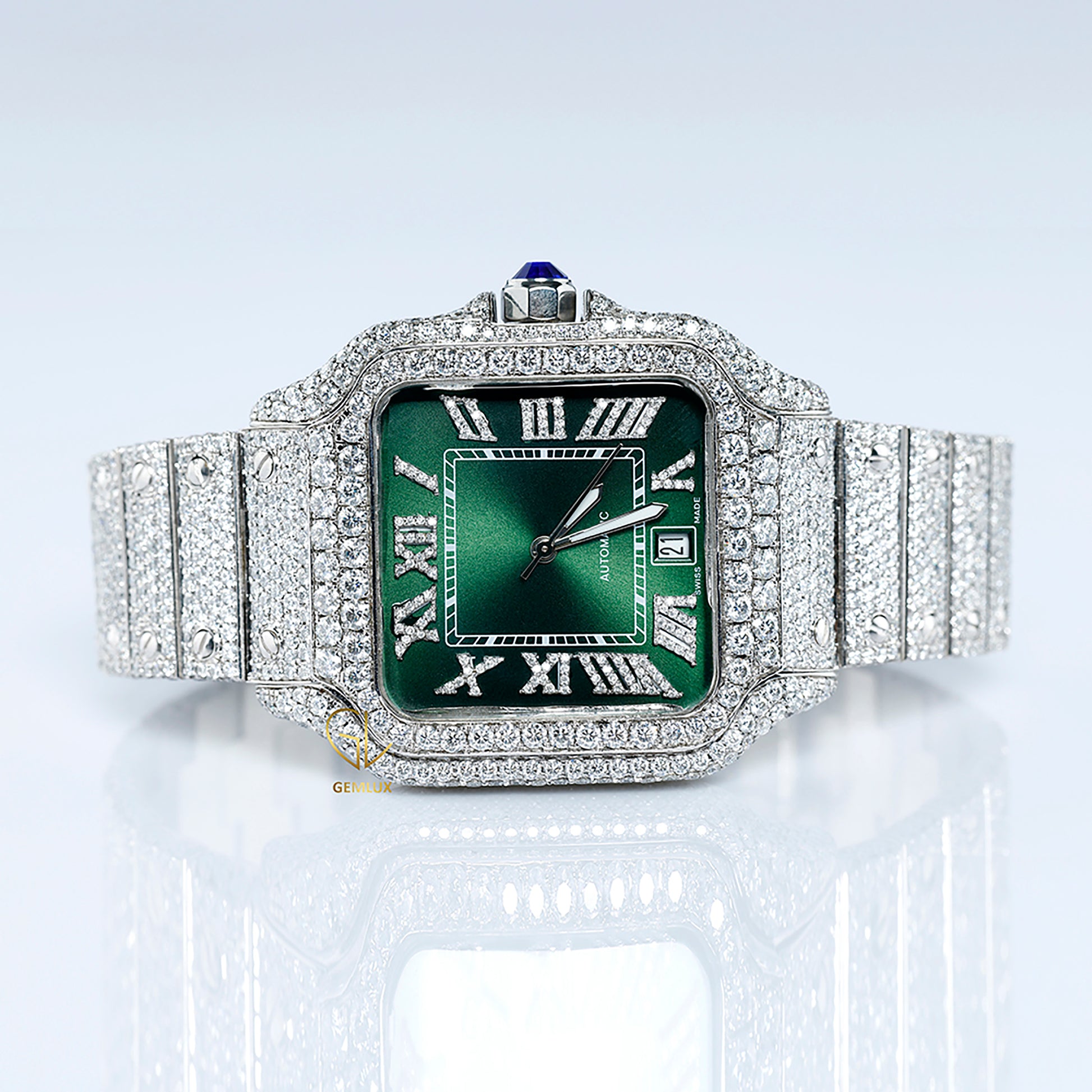 Pass Diamond Tester Green Roman Dial Iced Out Moissanite Hip Hop Watch