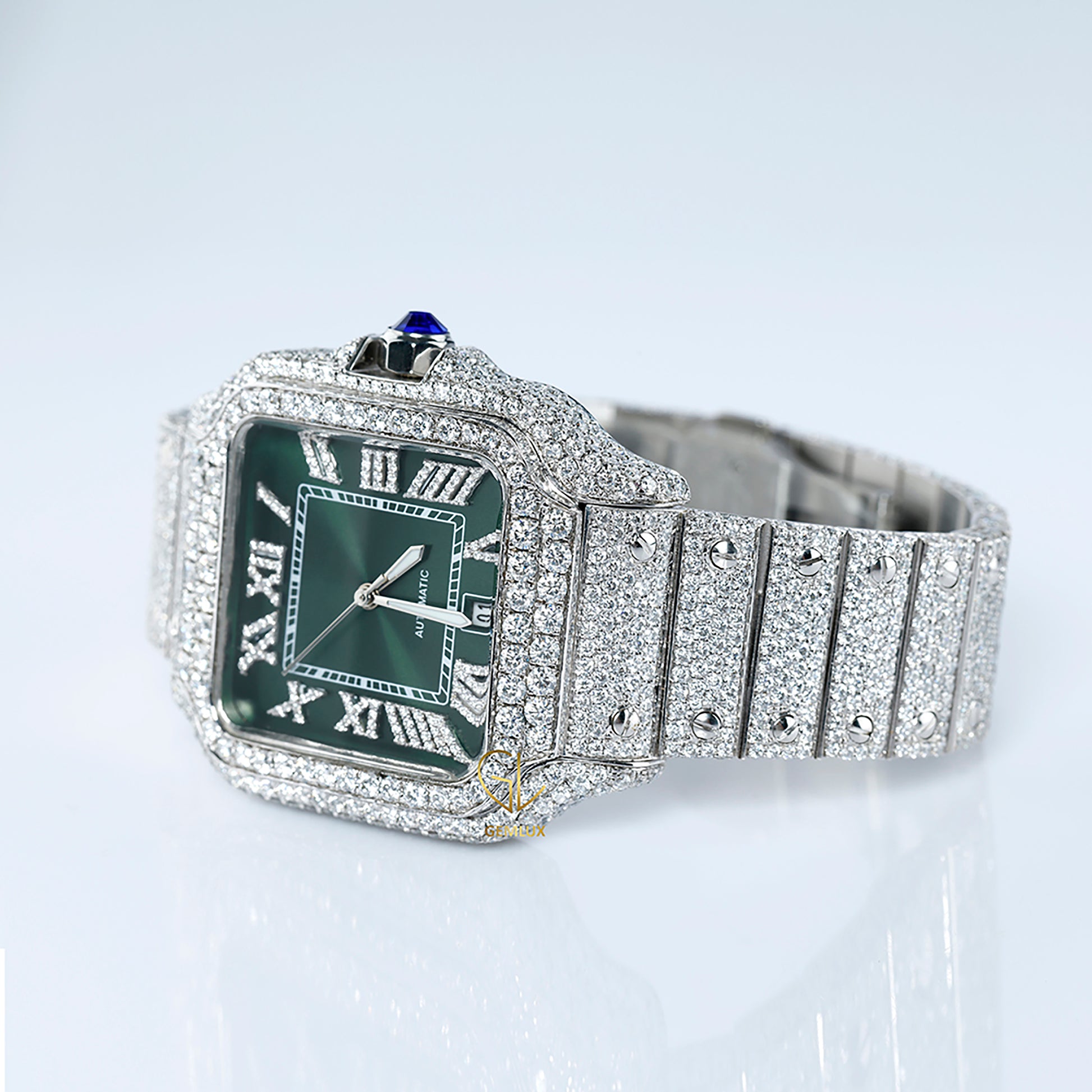 Pass Diamond Tester Green Roman Dial Iced Out Moissanite Hip Hop Watch