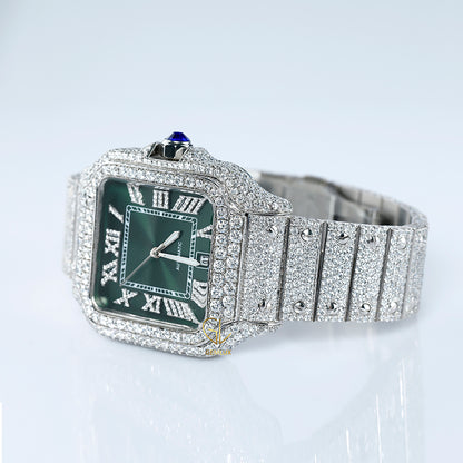Pass Diamond Tester Green Roman Dial Iced Out Moissanite Hip Hop Watch