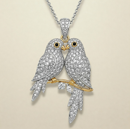 Pave Set Two Love Birds Necklace With Twig Branch