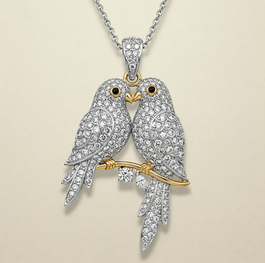 Pave Set Two Love Birds Necklace With Twig Branch