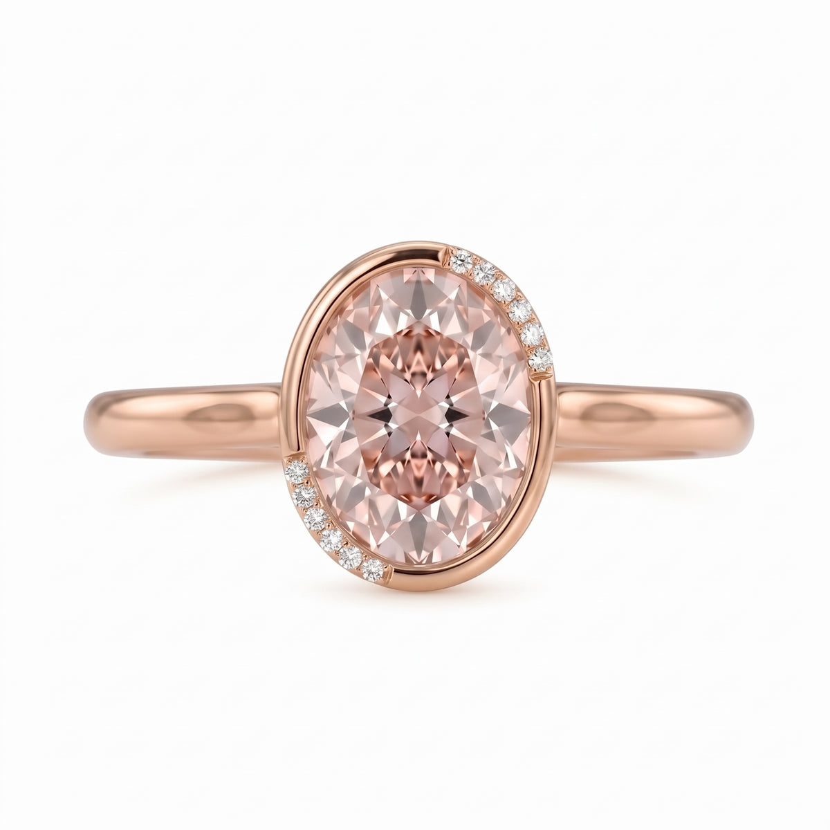Fancy pink oval lab-grown diamond partial-bezel engagement ring with pavé accents