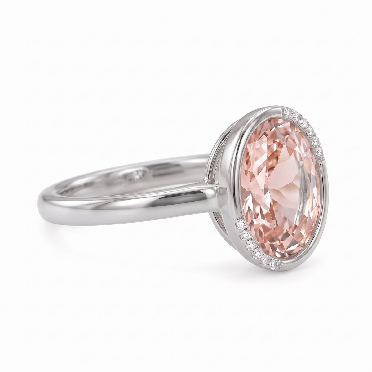 Fancy pink oval lab-grown diamond partial-bezel engagement ring with pavé accents