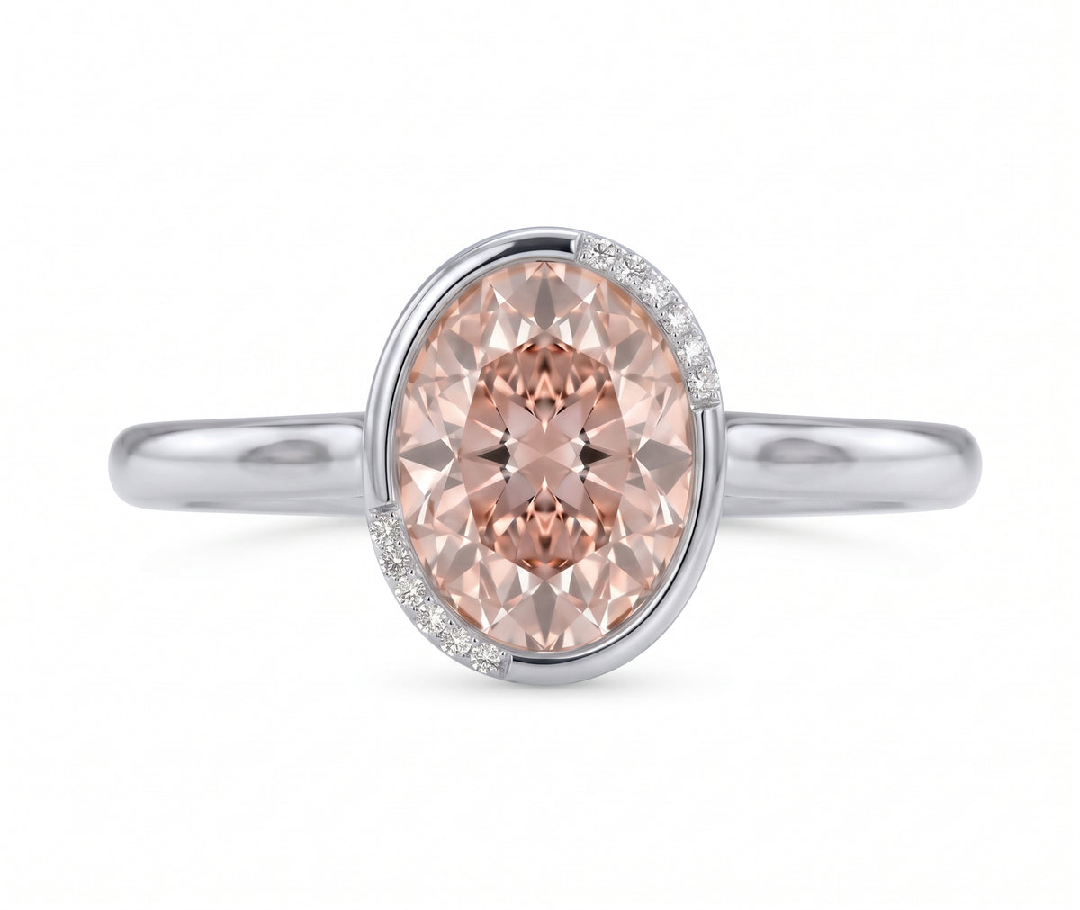 Fancy pink oval lab-grown diamond partial-bezel engagement ring with pavé accents