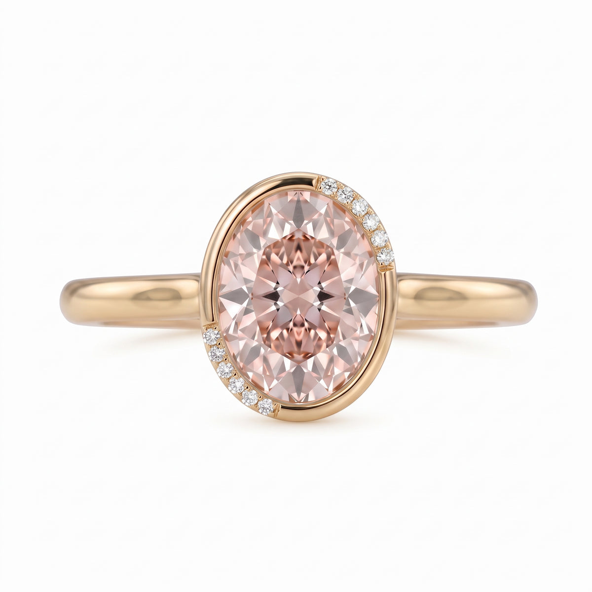 Fancy pink oval lab-grown diamond partial-bezel engagement ring with pavé accents