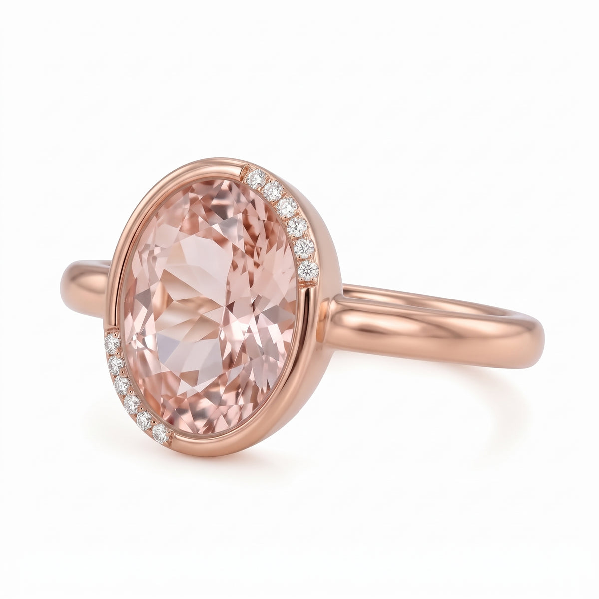 Fancy pink oval lab-grown diamond partial-bezel engagement ring with pavé accents