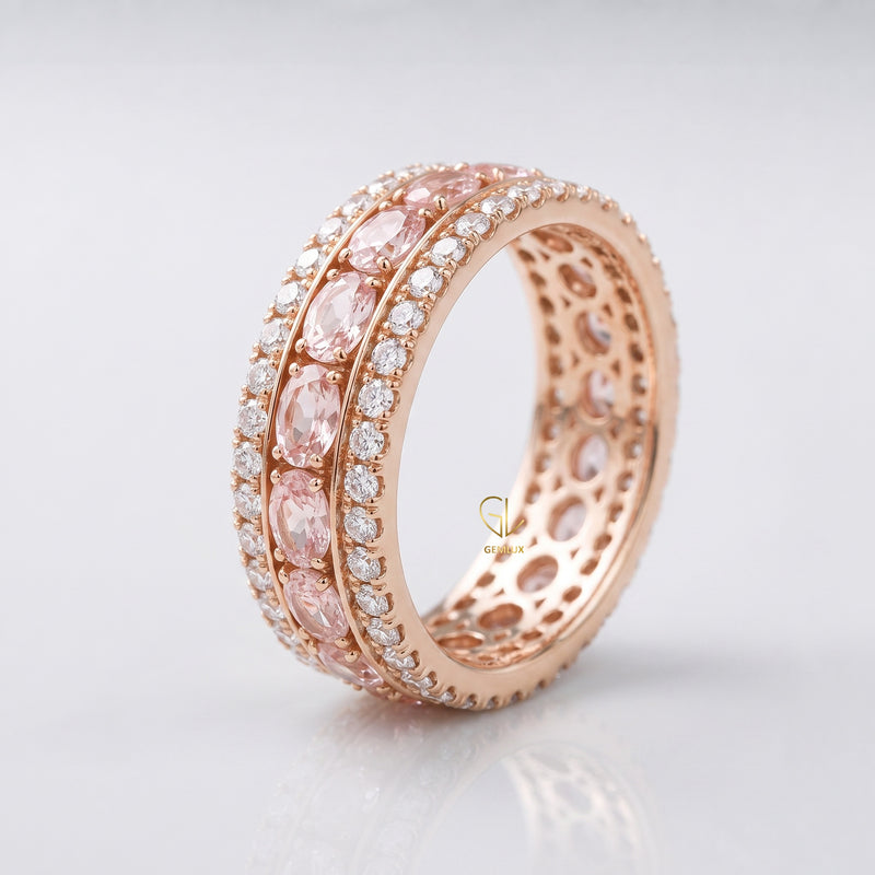 Pink Oval Cut Lab Grown Diamond Three Row Wedding Band