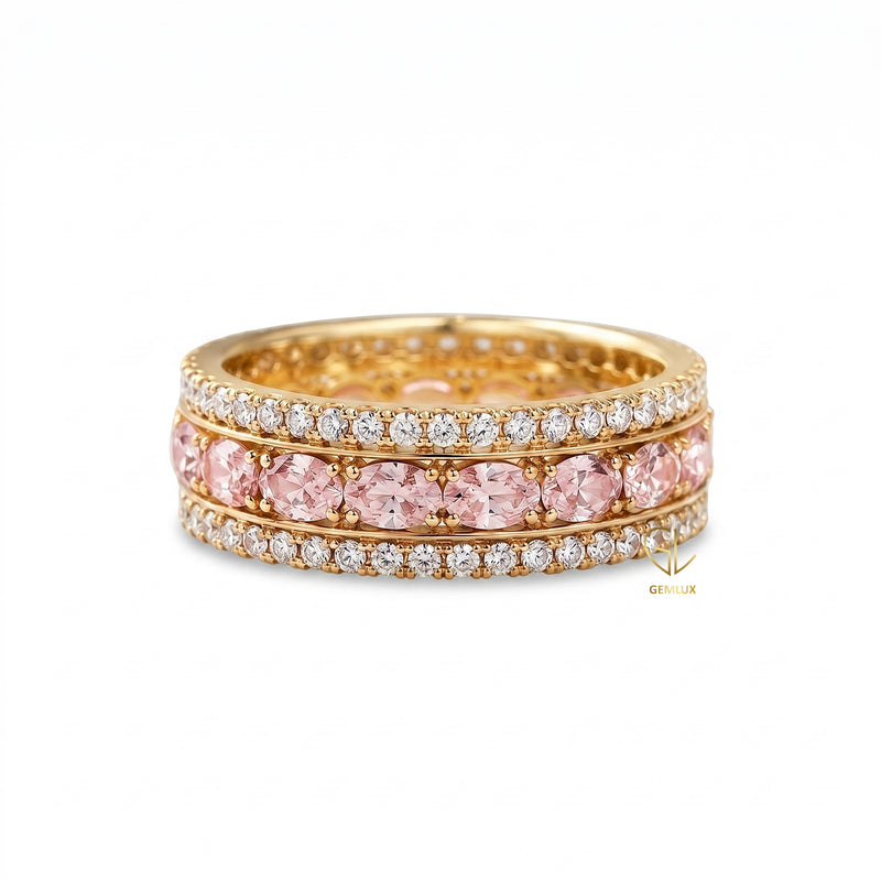 Pink Oval Cut Lab Grown Diamond Three Row Wedding Band