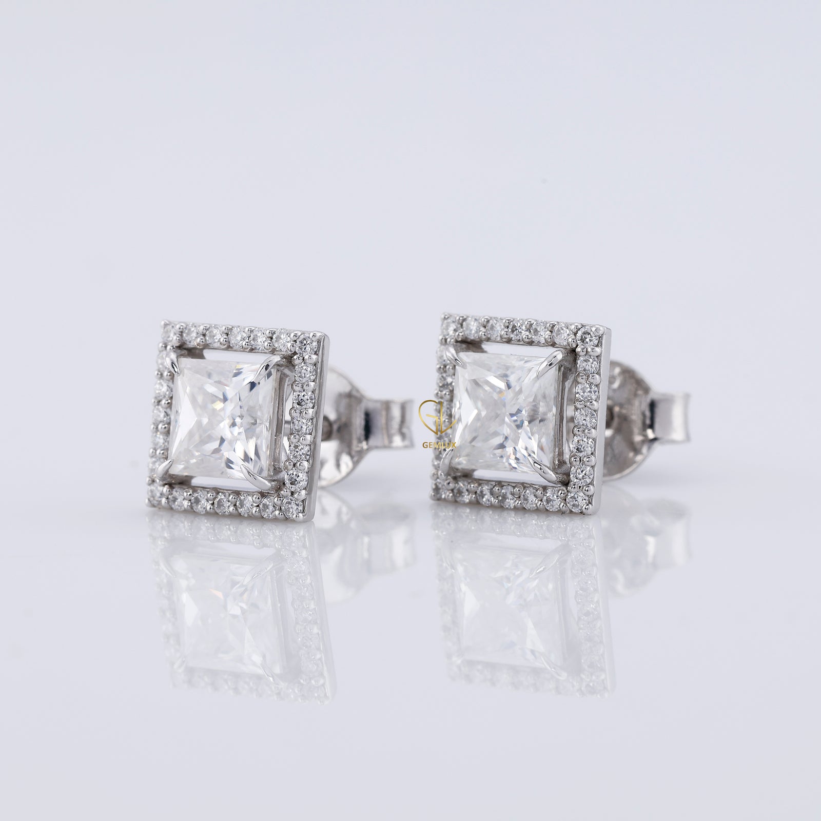 Princess Cut Halo Stud Earrings - White Gold