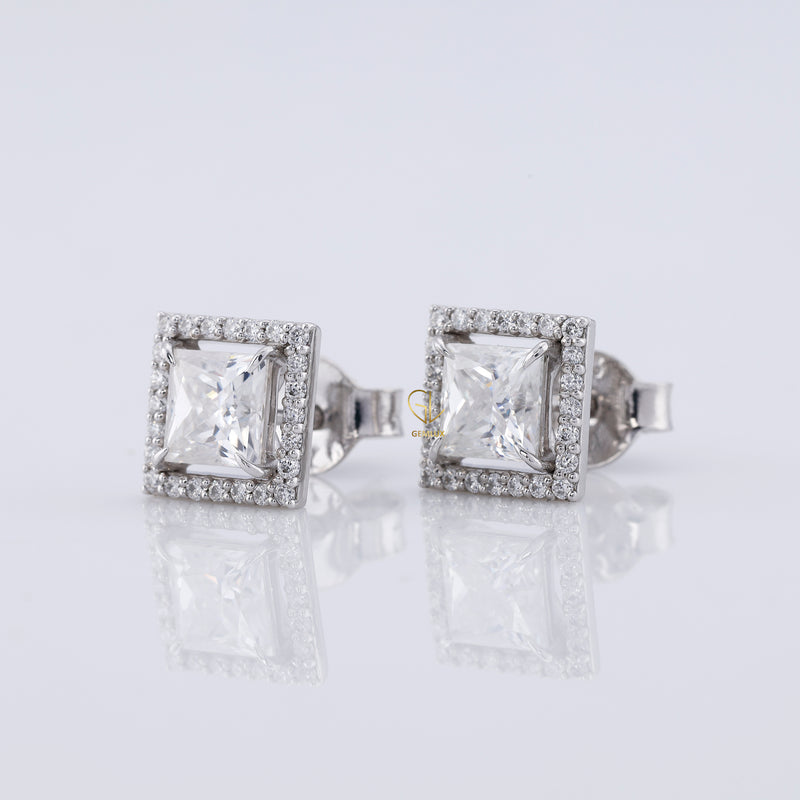 Princess Cut Halo Stud Earrings - White Gold