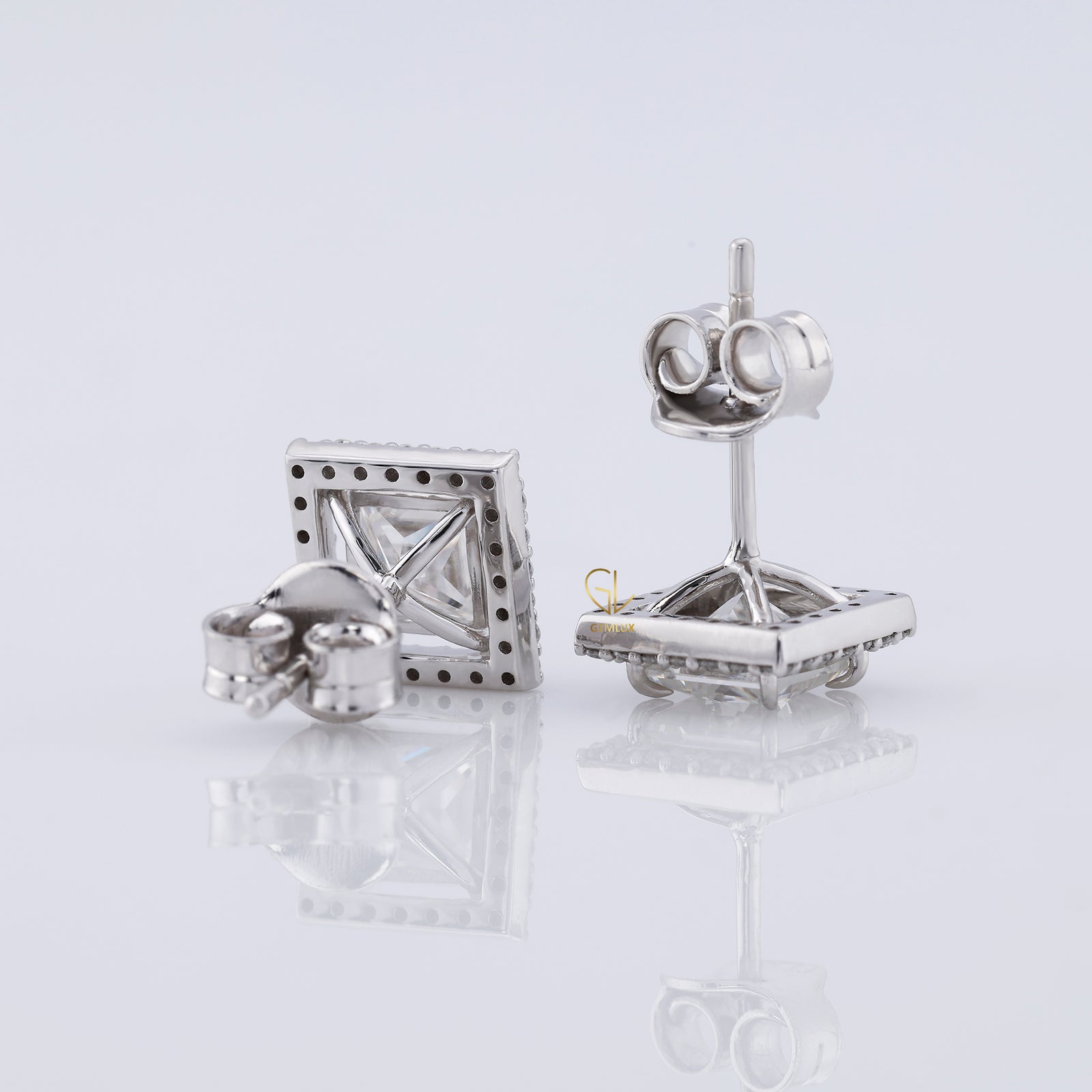 Princess Cut Halo Stud Earrings - White Gold