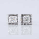 Princess Cut Halo Stud Earrings - White Gold