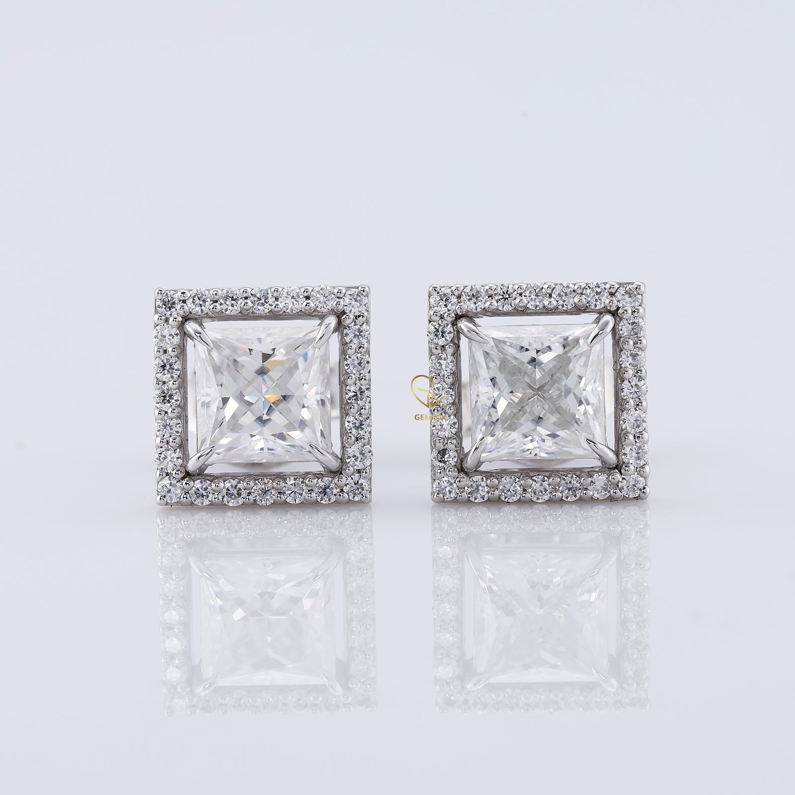 Princess Cut Halo Stud Earrings - White Gold