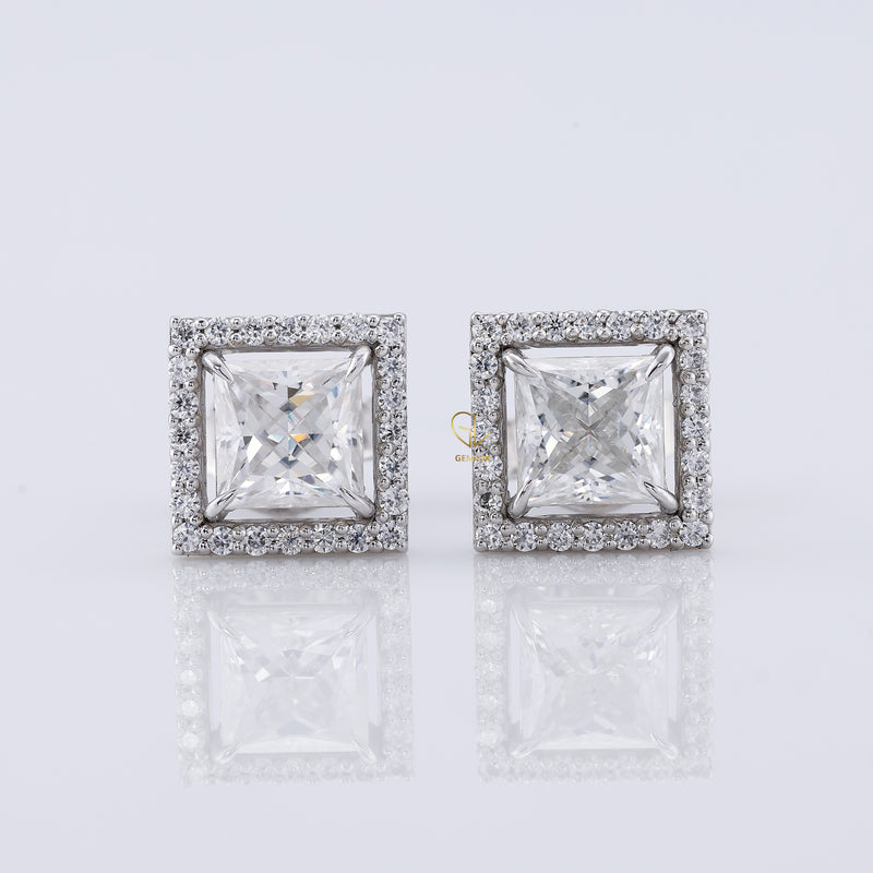 Princess Cut Lab Grown Diamond Halo Stud Earrings
