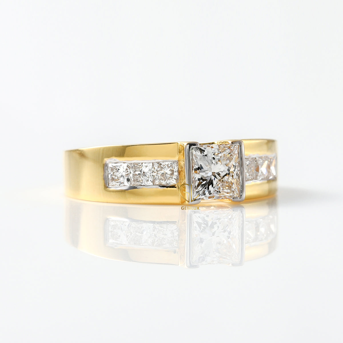 Princess Cut Lab Grown Half Bezel Set Yellow Gold Ring