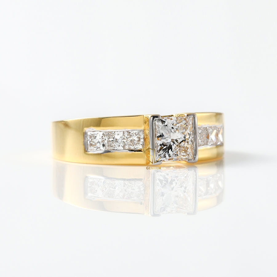 Princess Cut Lab Grown Half Bezel Set Yellow Gold Ring
