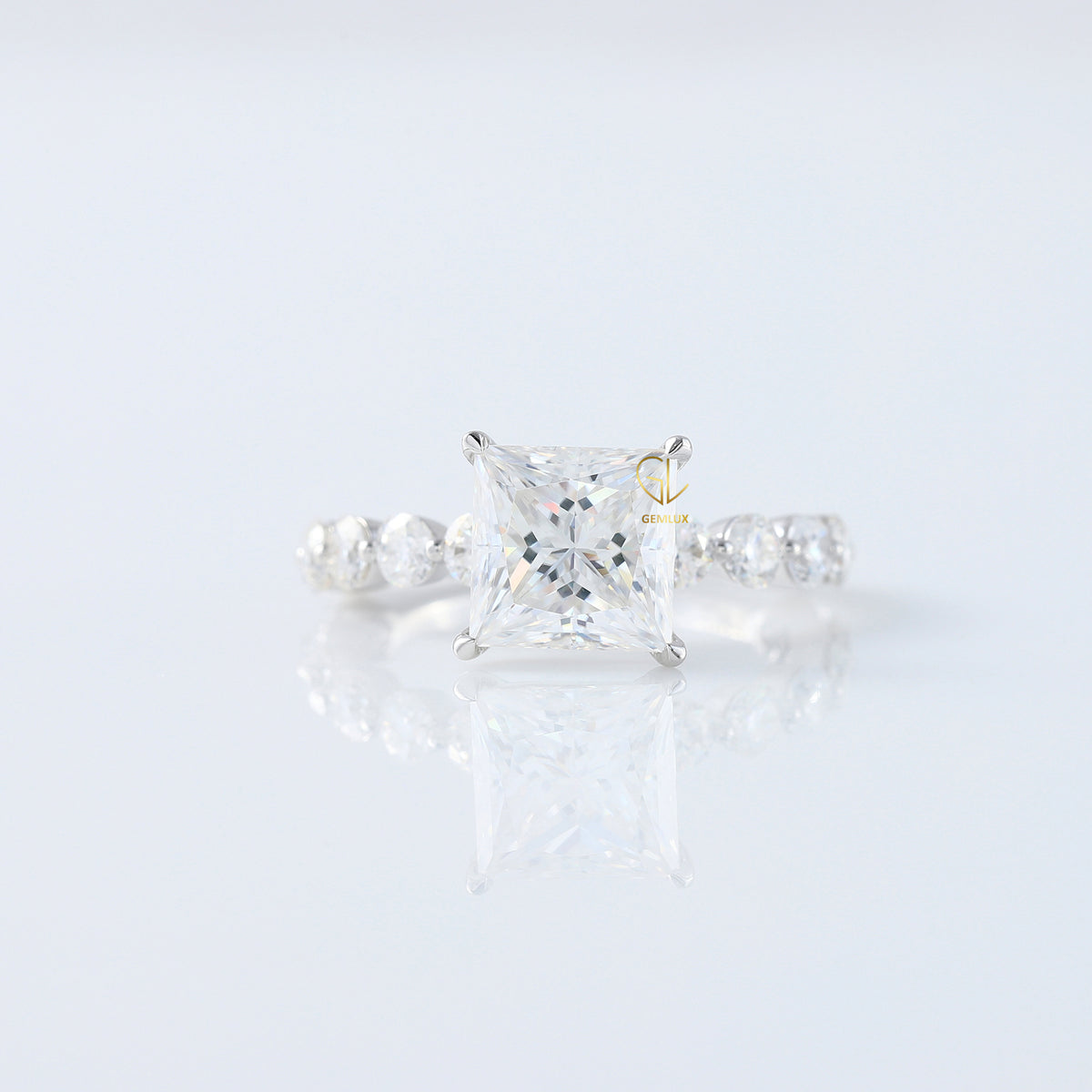 Princess Cut Lab Grown Floating Bubble Accent Engagement Ring
