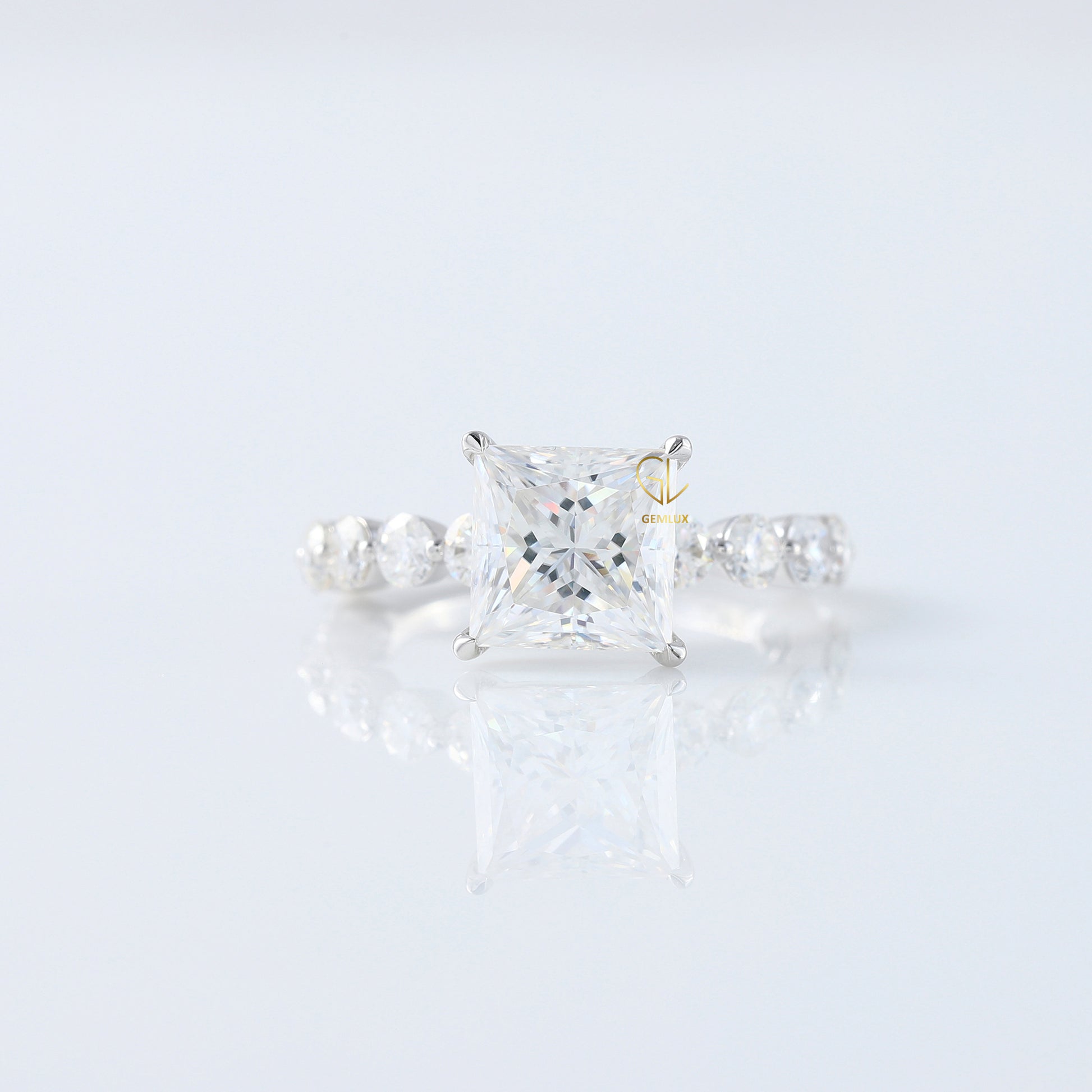 Princess Cut Lab Grown Floating Bubble Accent Engagement Ring