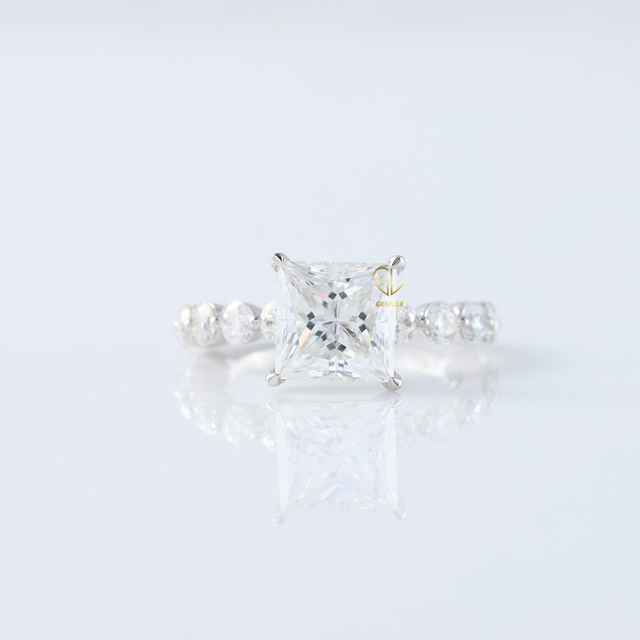 Princess Cut Lab Grown Floating Bubble Accent Engagement Ring