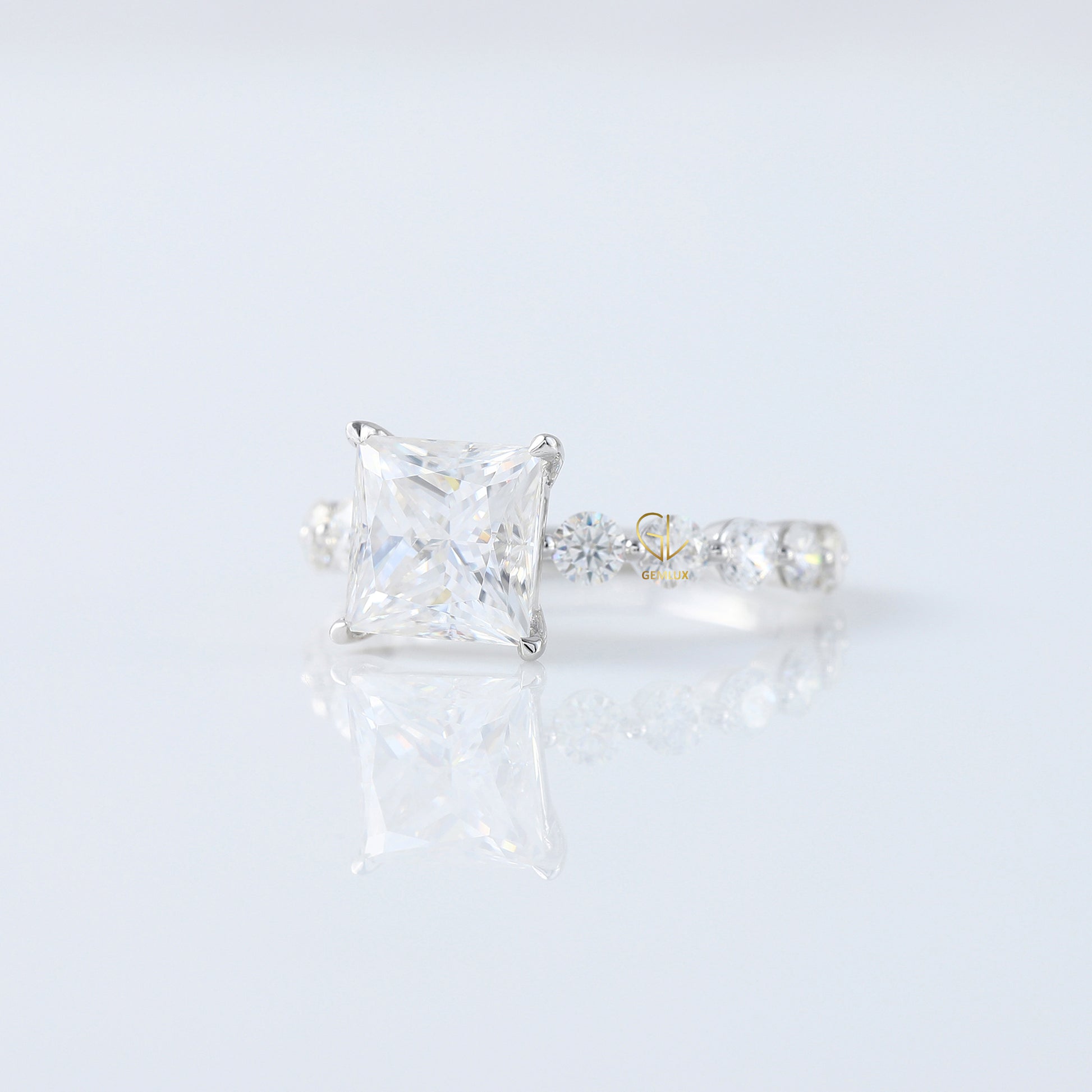 Princess Cut Lab Grown Floating Bubble Accent Engagement Ring