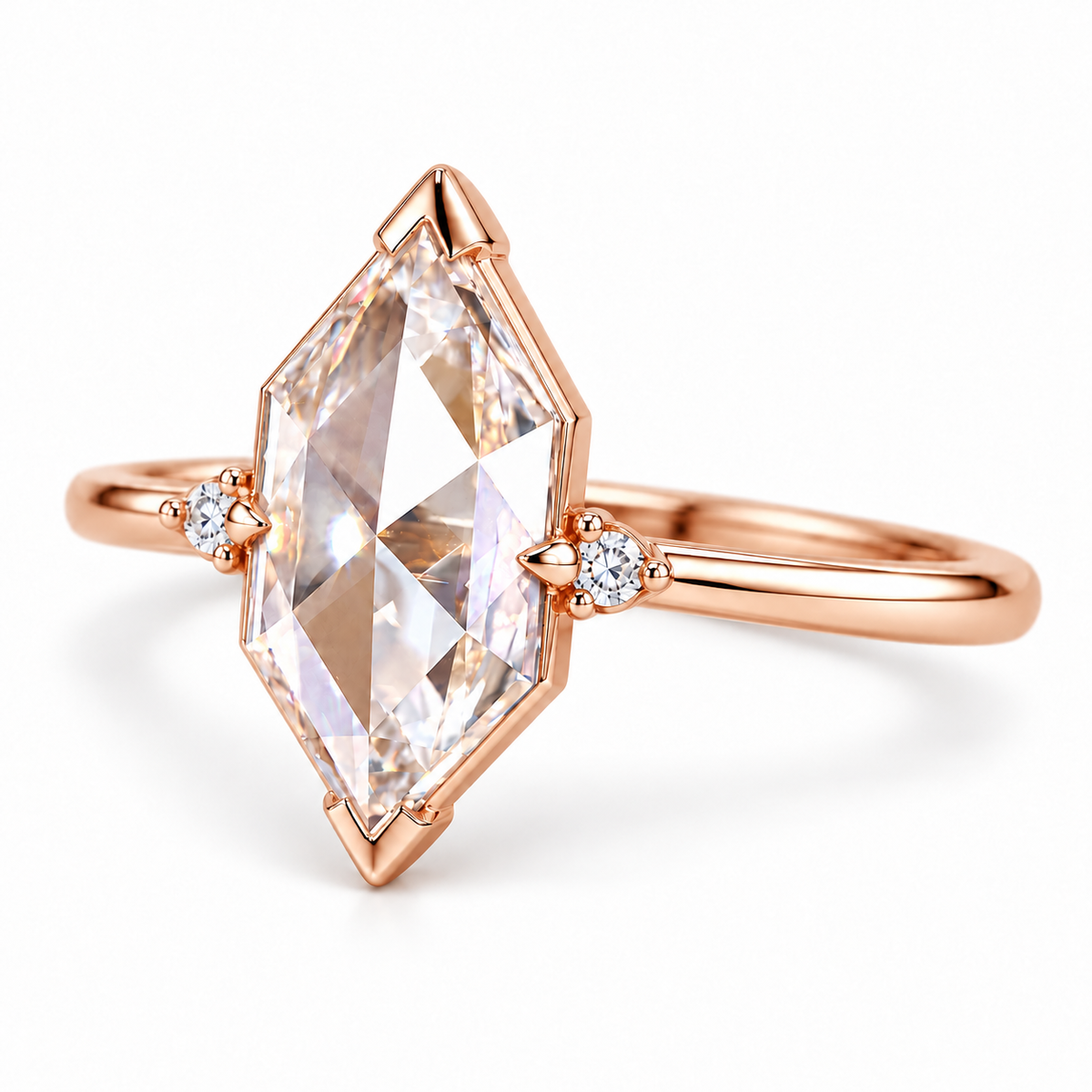 Marquise-cut lab-grown diamond engagement ring with two round side diamonds, V-shaped tip protection and a polished white-metal band