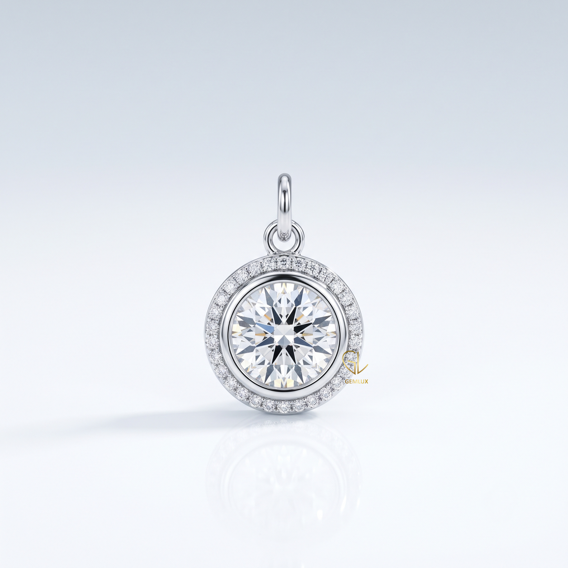 Round Cut Hearts & Arrows Lab-Grown Diamond Bezel Halo Pendant in Gold