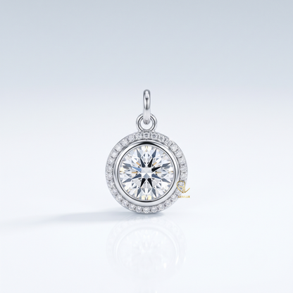 Round Cut Hearts & Arrows Lab-Grown Diamond Bezel Halo Pendant in Gold
