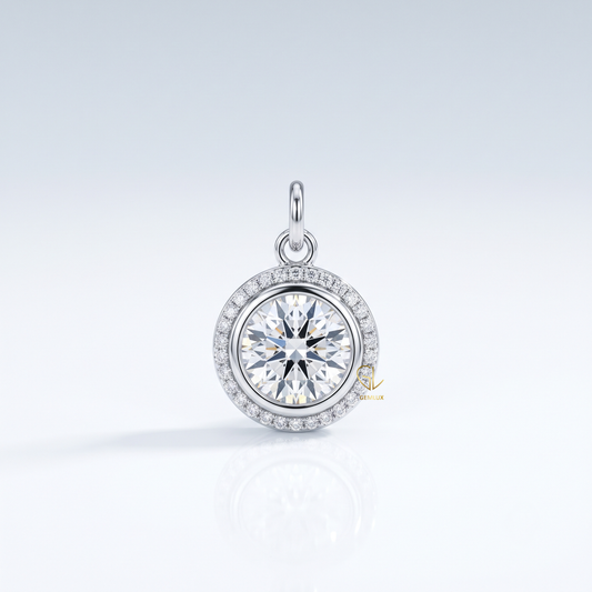 Round Cut Hearts & Arrows Lab-Grown Diamond Bezel Halo Pendant in Gold