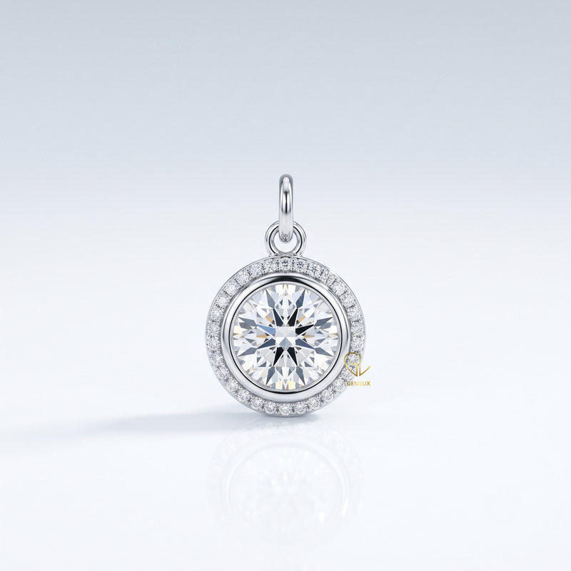 Hearts & Arrows Round Cut Lab Grown Diamond Bezel Halo Pendant