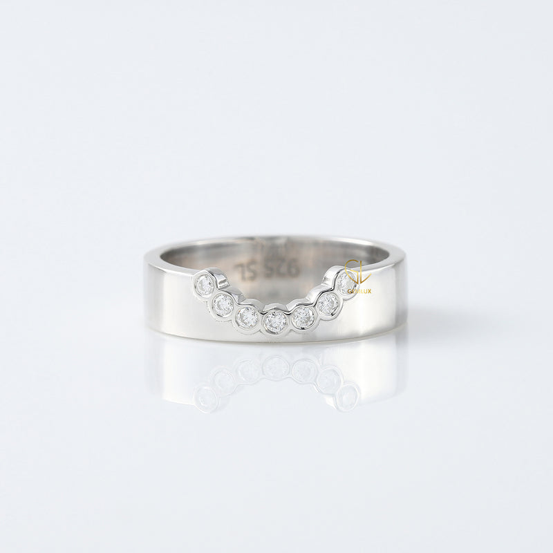 Round Cut Lab Grown Bezel Set Curved Wedding Band