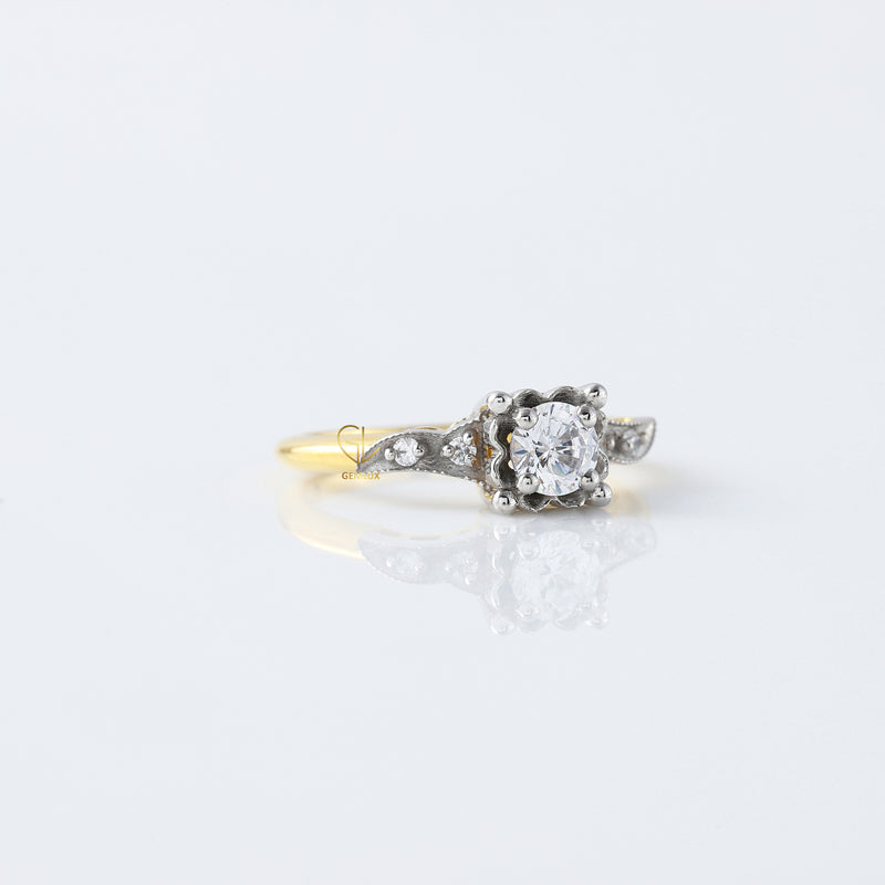 Round Cut Lab Grown Diamond Art Deco Two Tone Engagement Ring