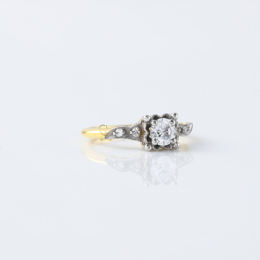 Round Cut Lab Grown Diamond Art Deco Two Tone Engagement Ring