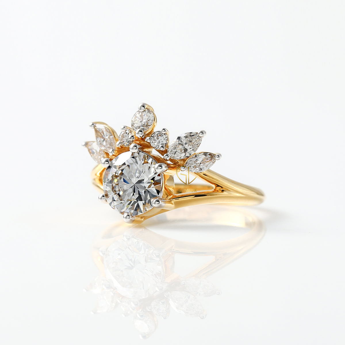 Round Cut Lab Grown Split Shank Queen Crown Ring