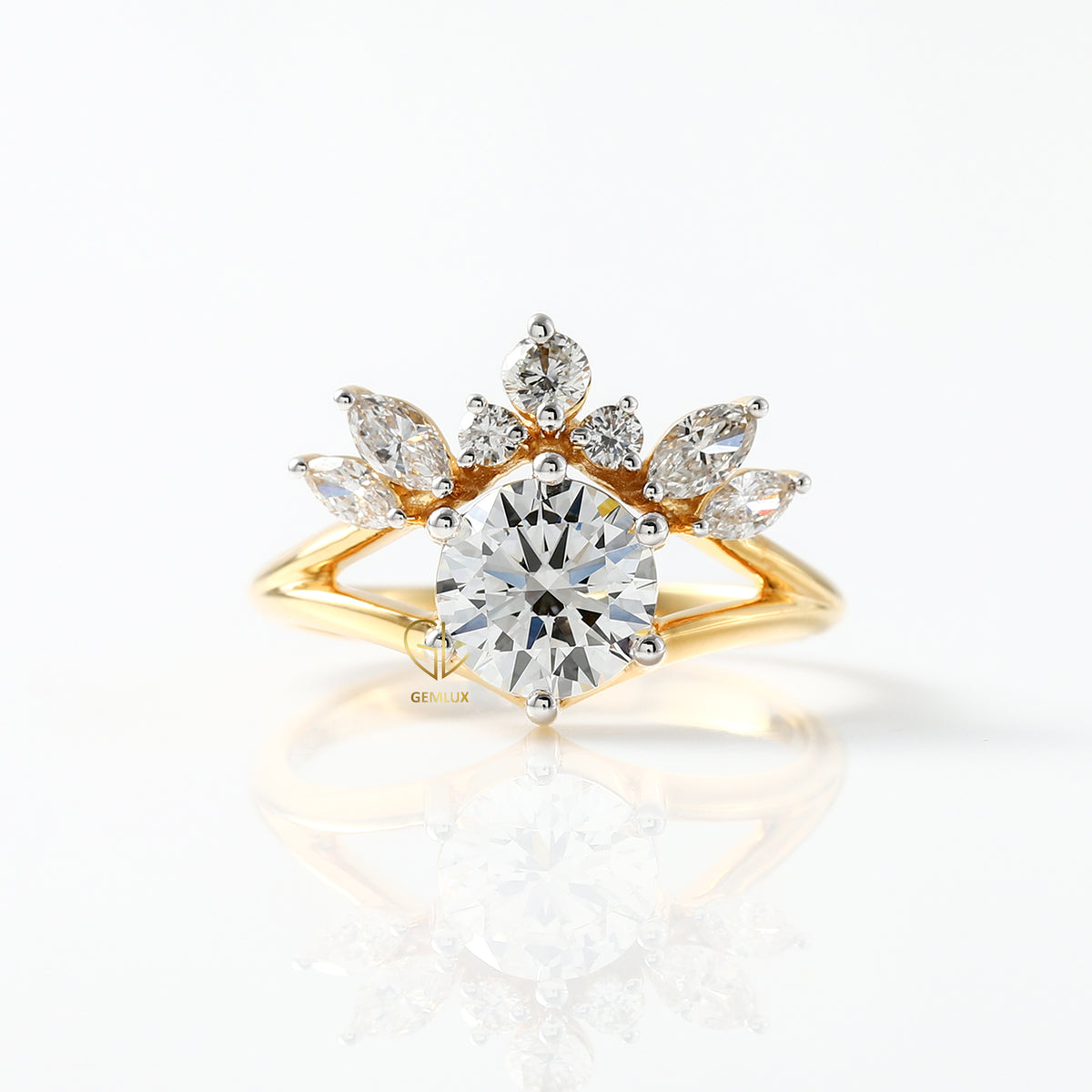 Round Cut Lab Grown Split Shank Queen Crown Ring