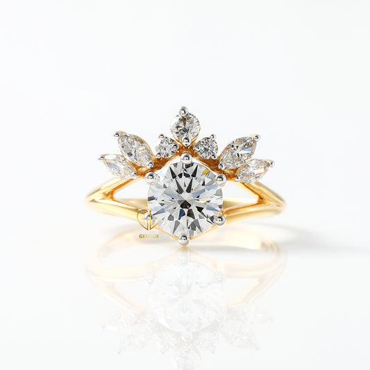 Round Cut Lab Grown Split Shank Queen Crown Ring