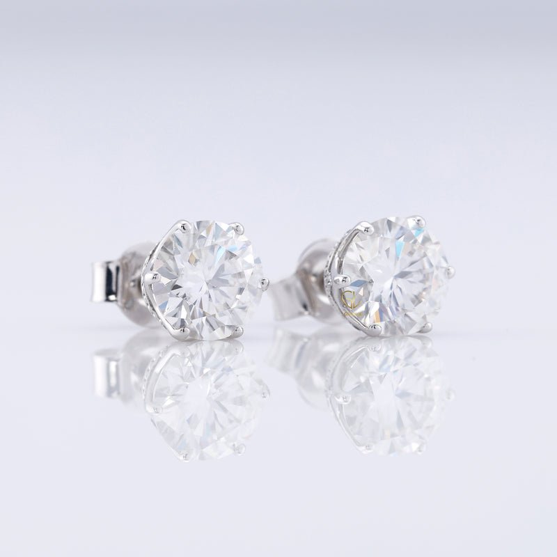 Round Cut Lab Grown Stud Earrings - Six Prong Set