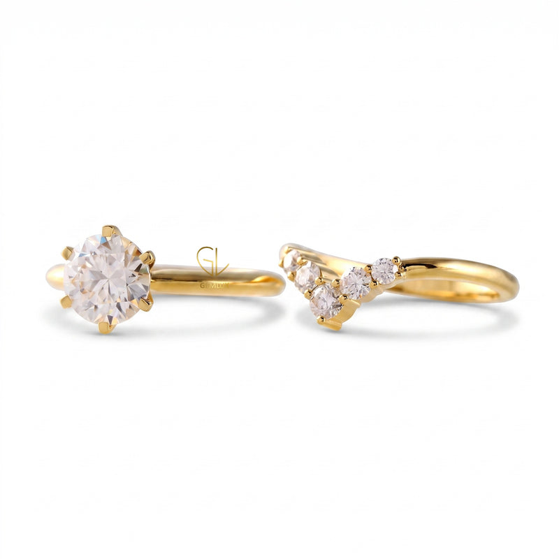 Round Cut Moissanite Diamond Solitaire Engagement Ring With Matching Curved Ring Set