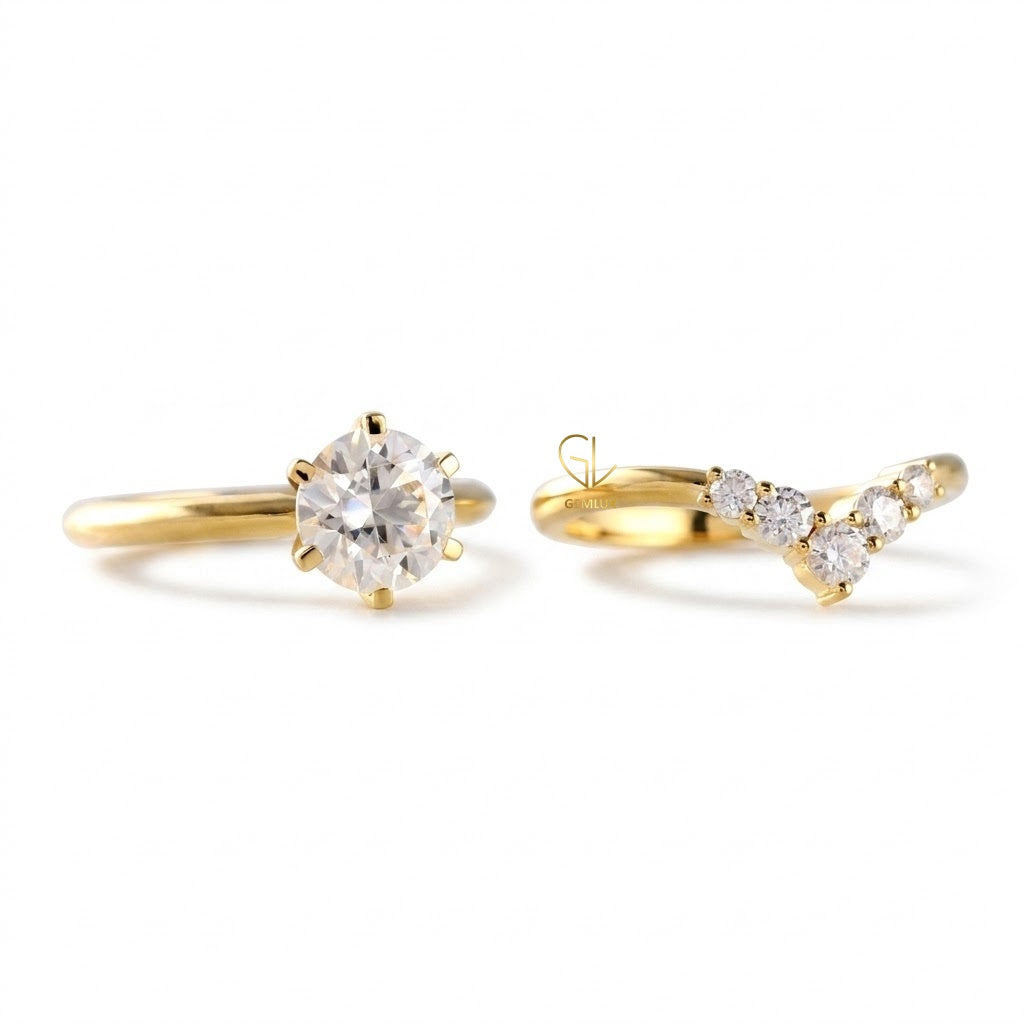 Round Cut Moissanite Diamond Solitaire Engagement Ring With Matching Curved Ring Set