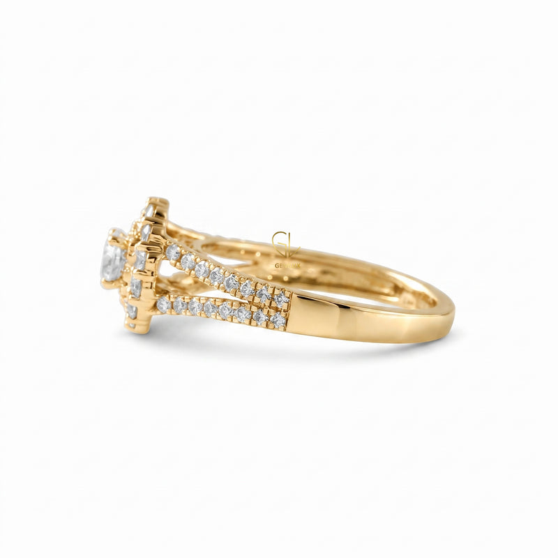 Round Cut Moissanite Split Shank Double Halo Engagement Ring