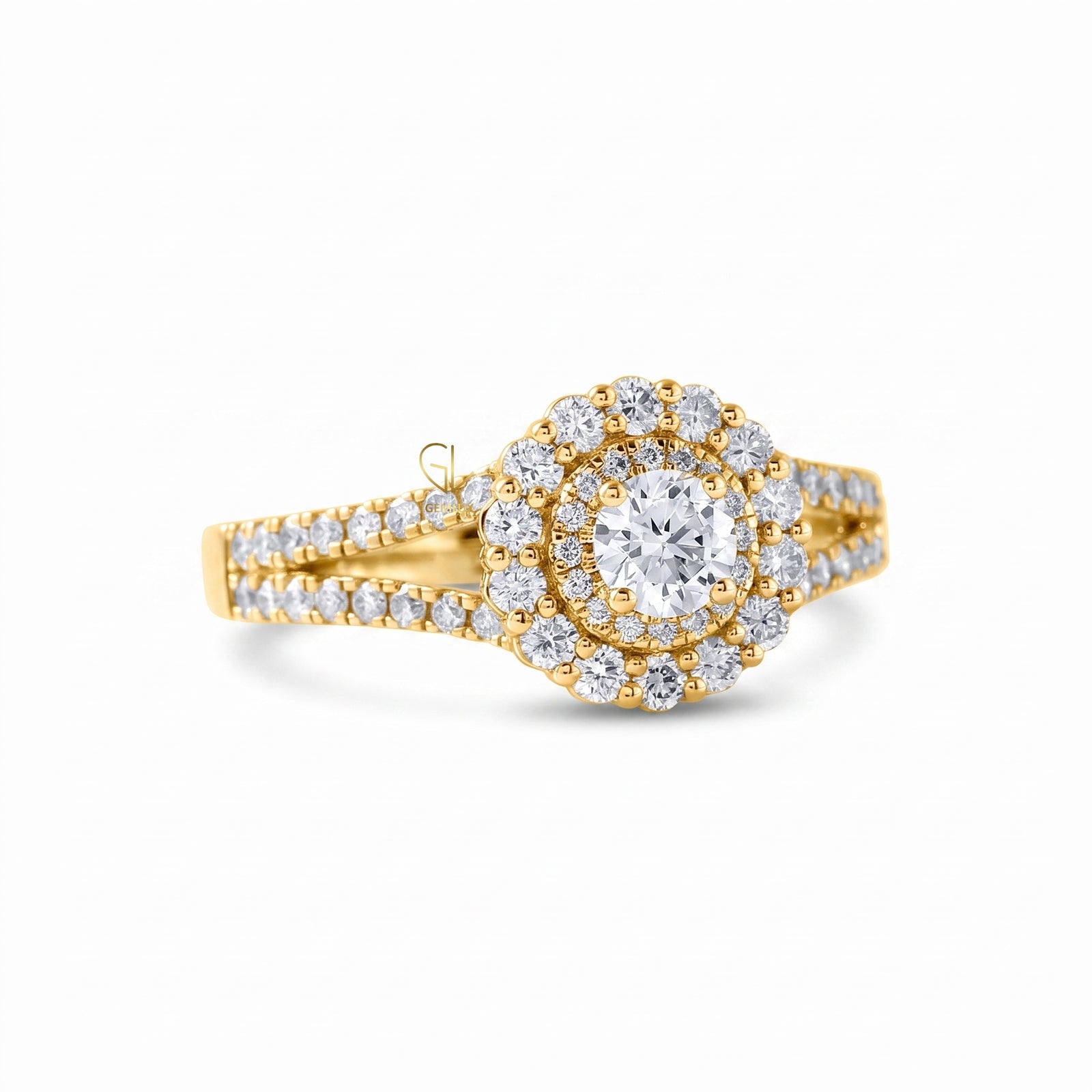 Round Cut Moissanite Split Shank Double Halo Engagement Ring