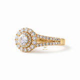 Round Cut Moissanite Split Shank Double Halo Engagement Ring